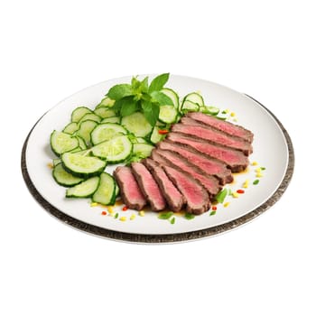 Thai beef salad ingredients over composed plate grilled steak cucumber and mint undulating fluidly with. Food isolated on transparent background.