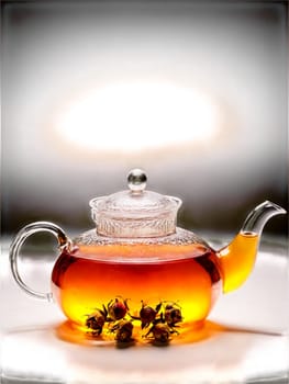 Rose hip tea clear glass teapot dried rose hips warm amber hue romantic feel. Drink isolated on transparent background.