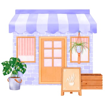 Illustration of a charming boutique with plants, a wooden sign, and a colorful awning, exuding a cozy atmosphere