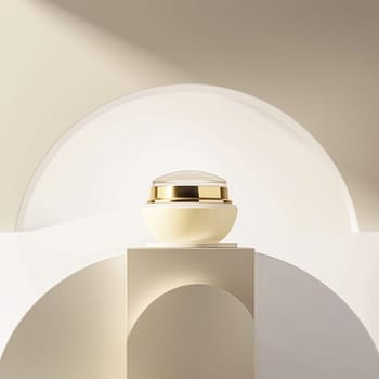 Face cream in a glass jar on a white and gold background. Skin care concept. Backdrop for beauty cosmetic products