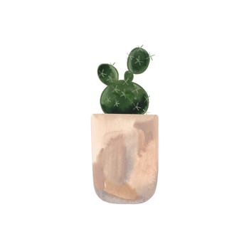 Cactus in a light concrete pot. Plants for the home. Floriculture. Interior decoration. Isolated watercolor illustration on white background. Clipart