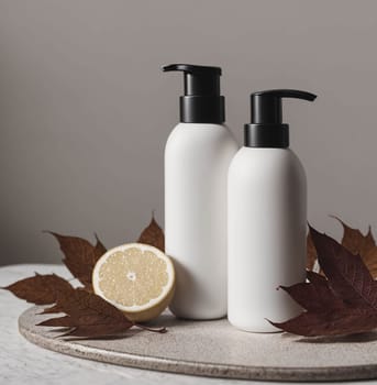 Two bottles of lotion are on a table with a lemon and some leaves