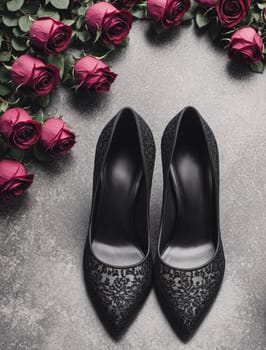 A pair of black lace up heels are on a table next to a bunch of red roses. The shoes are the main focus of the image, and the roses are used as a decorative element to create a romantic