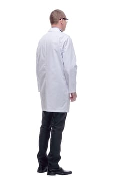 Full body shot handsome young doctor wearing glasses with arms crossed on white background. Side view