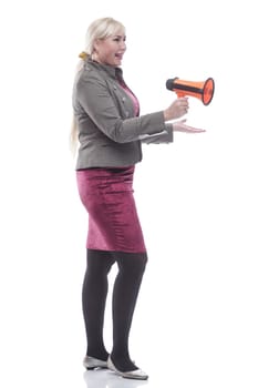 in full growth. happy young woman with a megaphone. isolated on a white background.