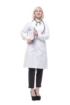 in full growth.qualified female doctor with clipboard. isolated on a white background.