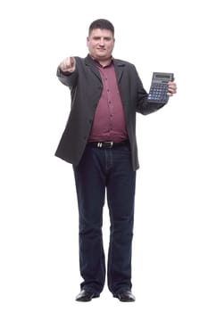Mature business man with a calculator. isolated on a white background.
