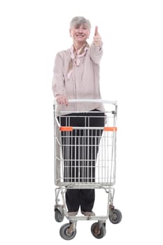 in full growth. smiling old lady with a shopping cart . isolated on a white background.
