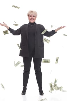 in full growth. happy business woman with banknotes. isolated on a white background.