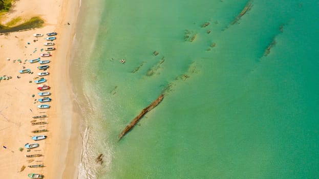 Tropical landscape with a beautiful beach and hotels top view. Trincomalee, Sri Lanka.