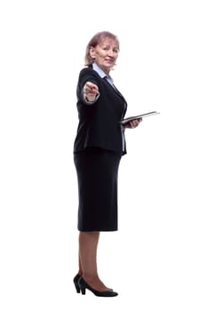 side view. a business woman with a clipboard pointing at you. isolated on a white