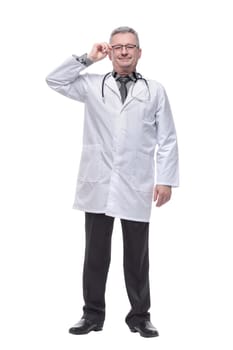 Portrait of smiling caucasian male doctor wear white medical uniform, stethoscope and glasses look at camera and smiling. Confidence concept