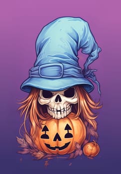 Halloween cartoon skull in hat. Halloween characters Clipart.