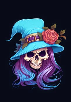 Halloween cartoon skull in hat. Halloween characters Clipart.