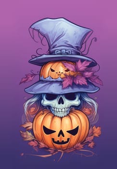 Halloween cartoon skull in hat. Halloween characters Clipart.