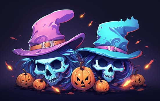 Halloween cartoon skull in hat. Halloween characters Clipart.