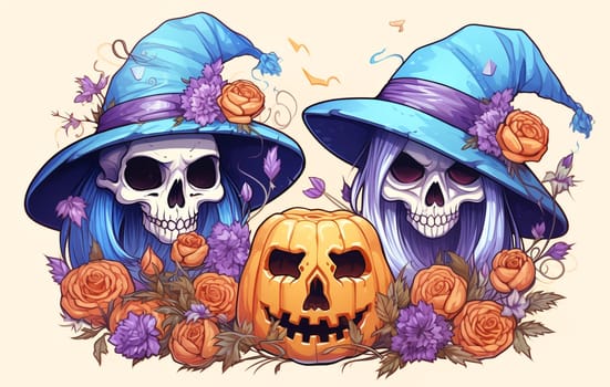 Halloween cartoon skull in hat. Halloween characters Clipart. Colorful Posters for Halloween. AI Generated