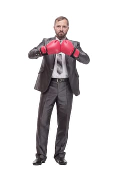full-length. business man in Boxing gloves. isolated on a white background.