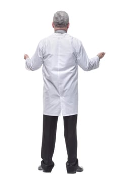 Rear view of medical doctor, man standing back wear doctors lab white coat isolated over white background
