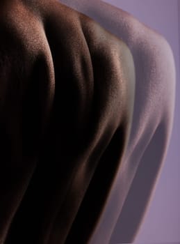 Skin, texture and back of person on double exposure for skincare, beauty and dermatology in studio. Creative aesthetic, silhouette and body on purple background for wellness, art deco or cosmetics.
