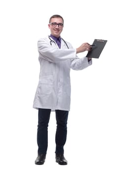 Happy smiling doctor writing on clipboard, isolated on white background
