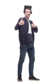 young man in a virtual reality helmet. isolated on a white background.