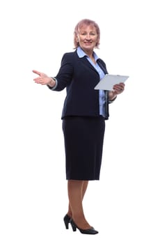 in full growth. friendly business woman with a digital tablet. isolated on a white background