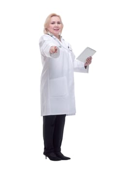 Woman doctor with stethoscope write on tablet isolated on white background