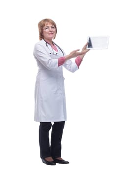 Happy doctor in lab coat and glasses using tablet pc on white background