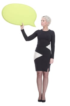 in full growth. elegant woman with a speech bubble in her hand. isolated on a white background.