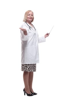 in full growth. medical woman with a digital tablet. isolated on a white background.