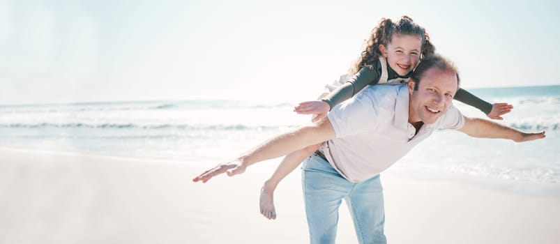 Beach, flying and father with girl, portrait and summer vacation with love. smile and bonding. Happy family, parent and dad carrying child, kid and freedom with travel, seaside holiday and energy.