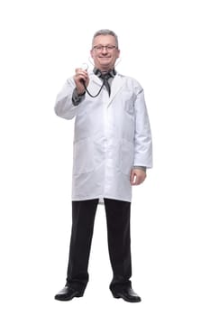 Smiling medical doctor with stethoscope looking at camera. Isolated over white background