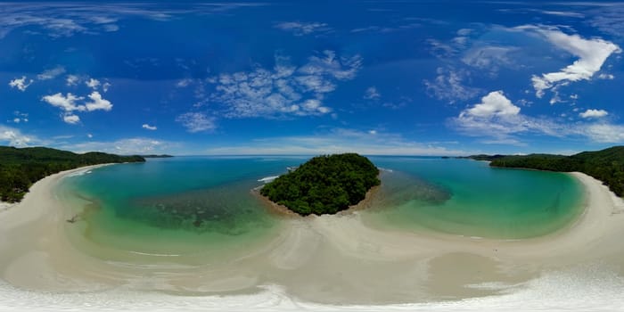 Aerial drone of beautiful sandy beach on a tropical island. Borneo, Malaysia. Kelambu Beach. VR 360.