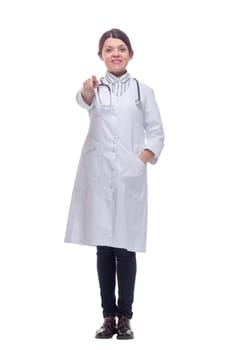 Portrait of friendly, smiling confident female doctor, healthcare professional with labcoat and stethoscope. Concept of patient visit and health care