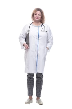 full-length. senior female doctor with clipboard. isolated on a white background.