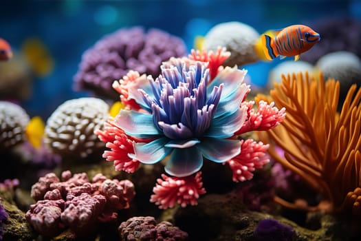 Bright colored fish swim among corals on seabed. Underwater world concept. AI generated