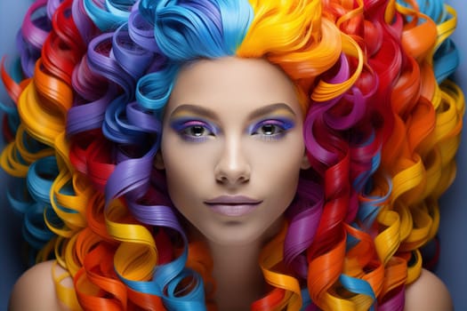 Beautiful woman with bright makeup and colorful hair portrait. Creative style and image concept. AI generated