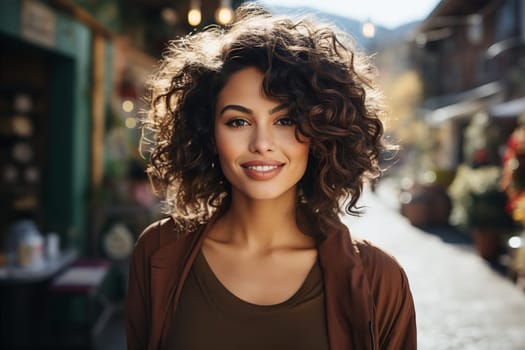 Beautiful woman with curly hair on background of mountains portrait. Tours and travel concept. AI generated