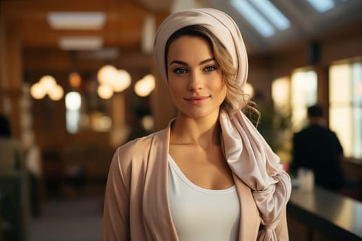 Portrait of beautiful young woman with curly hair in blue headscarf in office. Healthy lifestyle concept. AI generated