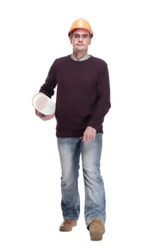 man in a protective helmet with drawings of a new project . isolated on a white background.