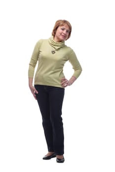 Full length portrait of a caucasian woman isolated on white with hand on hip