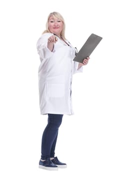 side view. serious woman doctor writing a prescription . isolated on a white background.