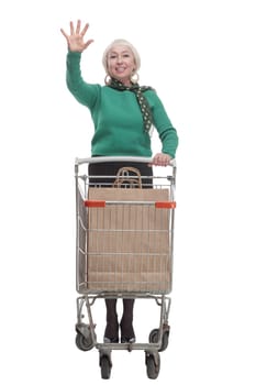 in full growth. smiling woman with a shopping cart. isolated on a white background.
