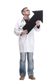 doctor with a stethoscope pointing in the right direction. isolated on a white background.