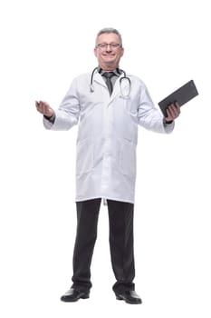 Portrait of confident mature medical doctor writing on clipboard isolated over white background