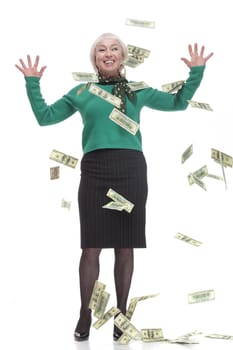 in full growth.happy woman with dollar bills. isolated on a white background.