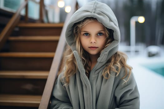 Portrait of little girl in warm jacket near house in winter. Healthy lifestyle for children concept. AI generated