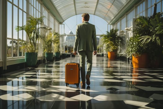 Back view of businessman in hotel lobby with suitcase. Travel and tourism concept. AI generated