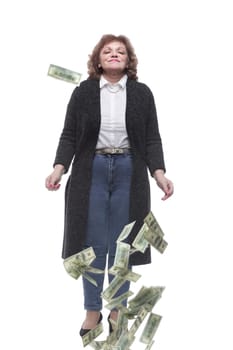 in full growth. woman showing a lot of cash bills. isolated on a white background